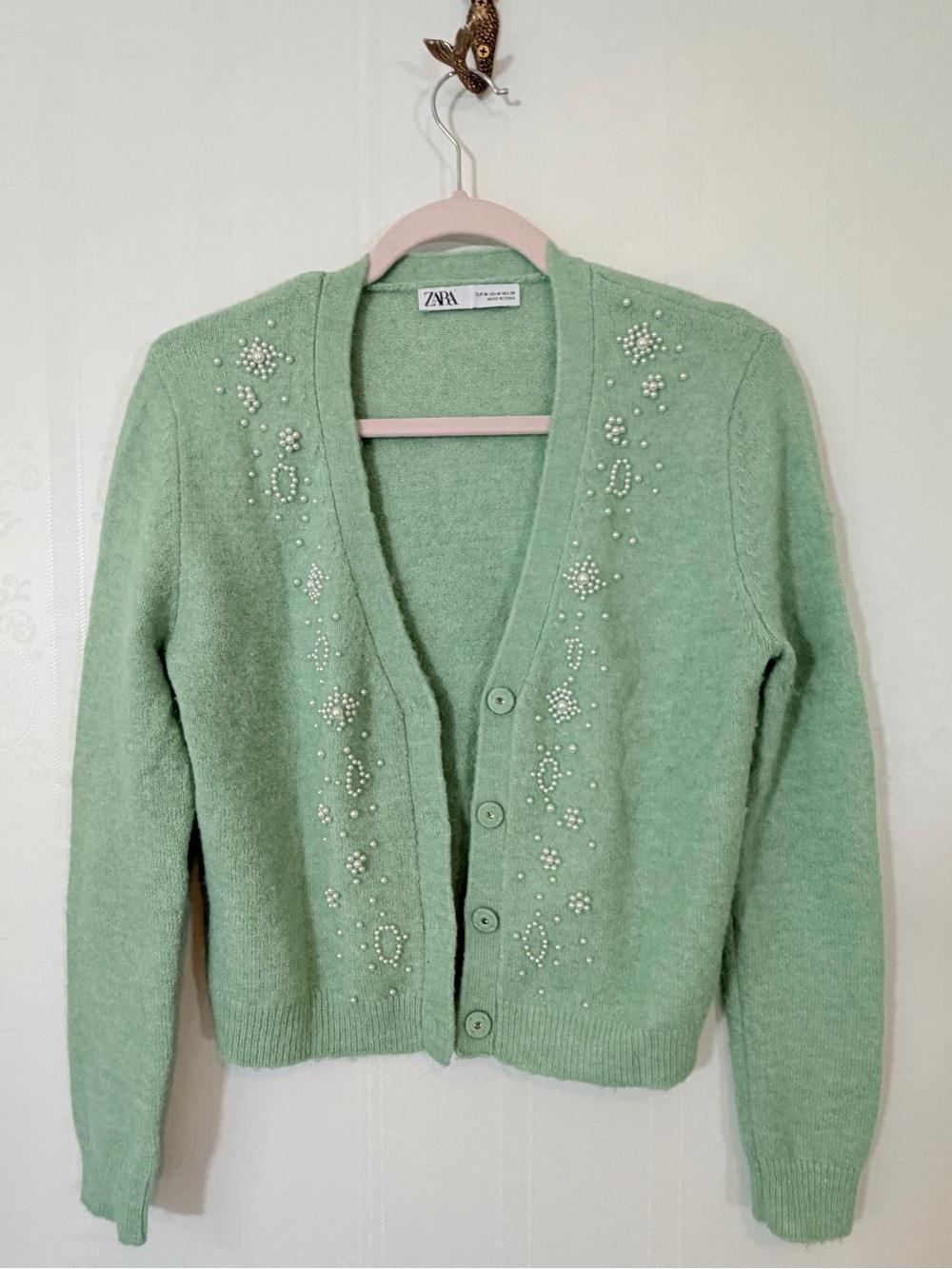 ZARA Mint Green Pearl Embellished Cardigan